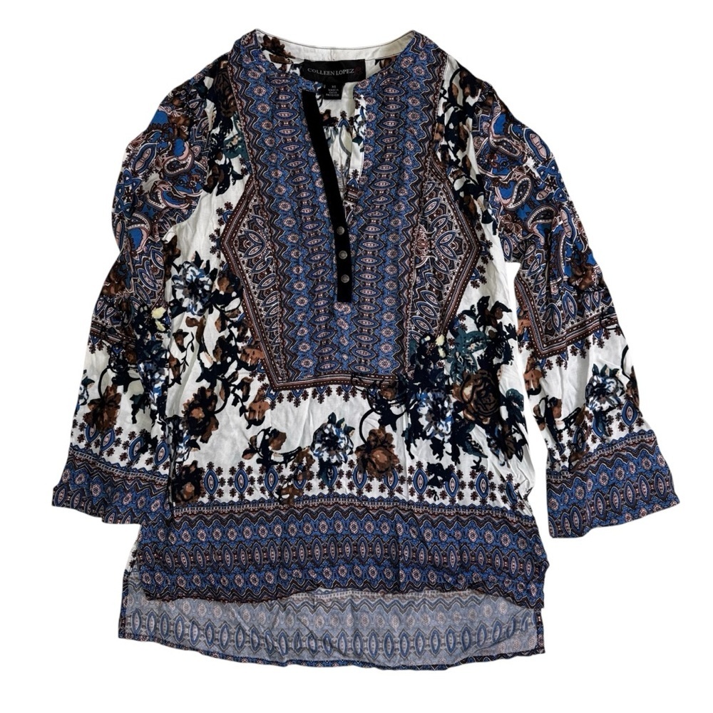 Colleen Lopez Blue & White Paisley Tunic Top Size XS V Neck Velvet Trim NWOT - Picture 2 of 9